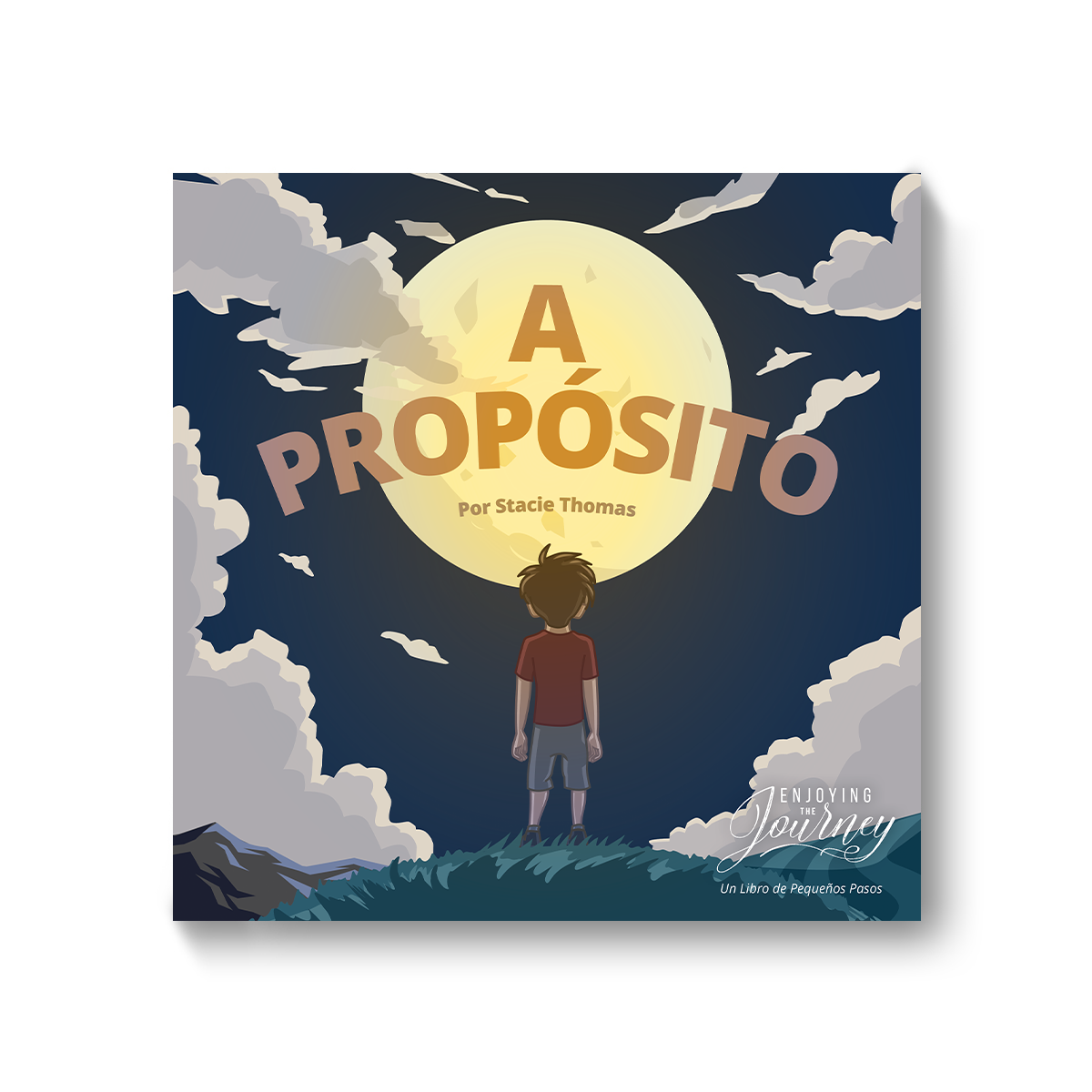 A book cover titled 'On Purpose' by Stacie Thomas, Spanish edition, depicting an illustration of a child looking up at the sky with clouds and a setting sun in the background